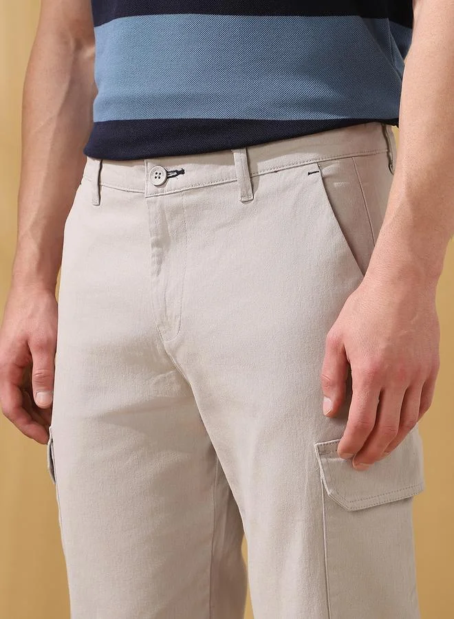 Dennis Lingo Men's Light Grey 100% Cotton Solid Pattern Full Length Cargo Straight Fit Trouser