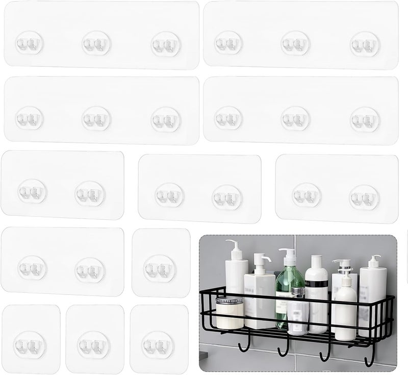 SUBTAVIK 12 Pcs Shower Caddy Adhesive Hooks Replacement, Corner Shower Caddy Adhesive Sticker Hooks Transparent Sticky Hooks for Bathroom Kitchen Shower Caddy Corner Shelf (3 Styles) - Image 1