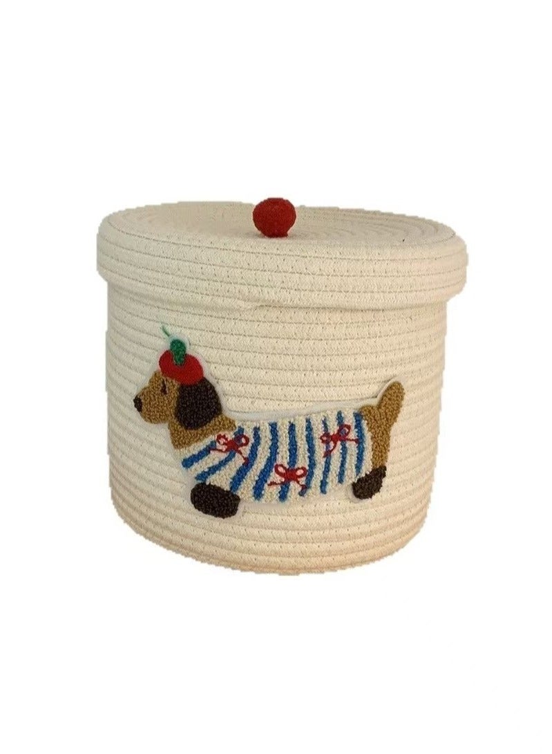 Cotton Rope Basket with Lid, Woven Basket for Storage, Decorative Storage Box, Rectangular Storage Basket with Handle, Storage Basket for Shelf, Cute Puppy Pattern, 40*28cm, White  - Image 1