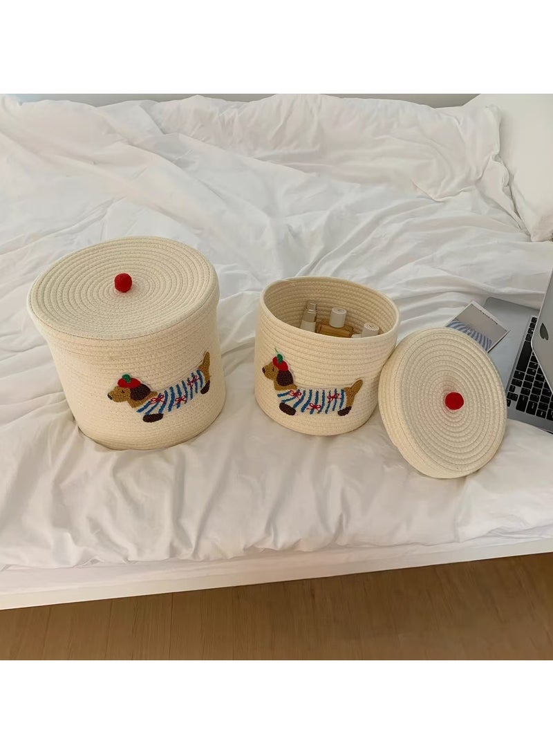Cotton Rope Basket with Lid, Woven Basket for Storage, Decorative Storage Box, Rectangular Storage Basket with Handle, Storage Basket for Shelf, Cute Puppy Pattern, 40*28cm, White  - Image 2