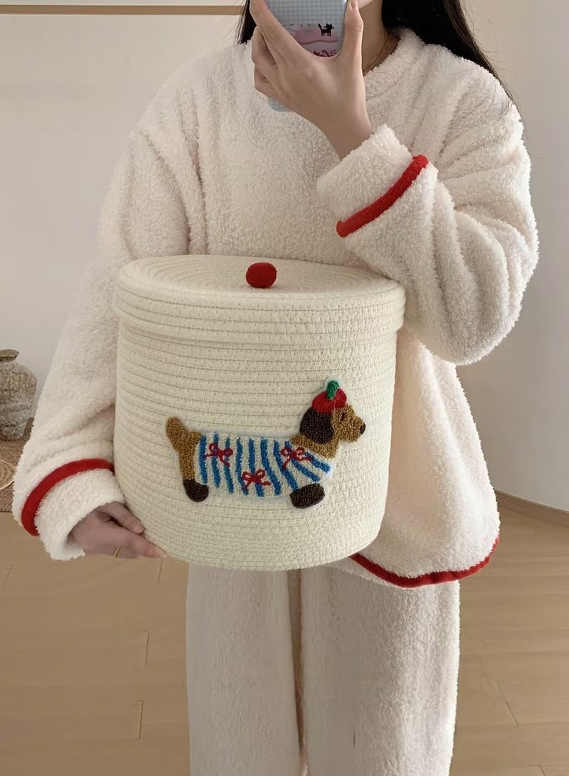 Cotton Rope Basket with Lid, Woven Basket for Storage, Decorative Storage Box, Rectangular Storage Basket with Handle, Storage Basket for Shelf, Cute Puppy Pattern, 40*28cm, White  - Image 3