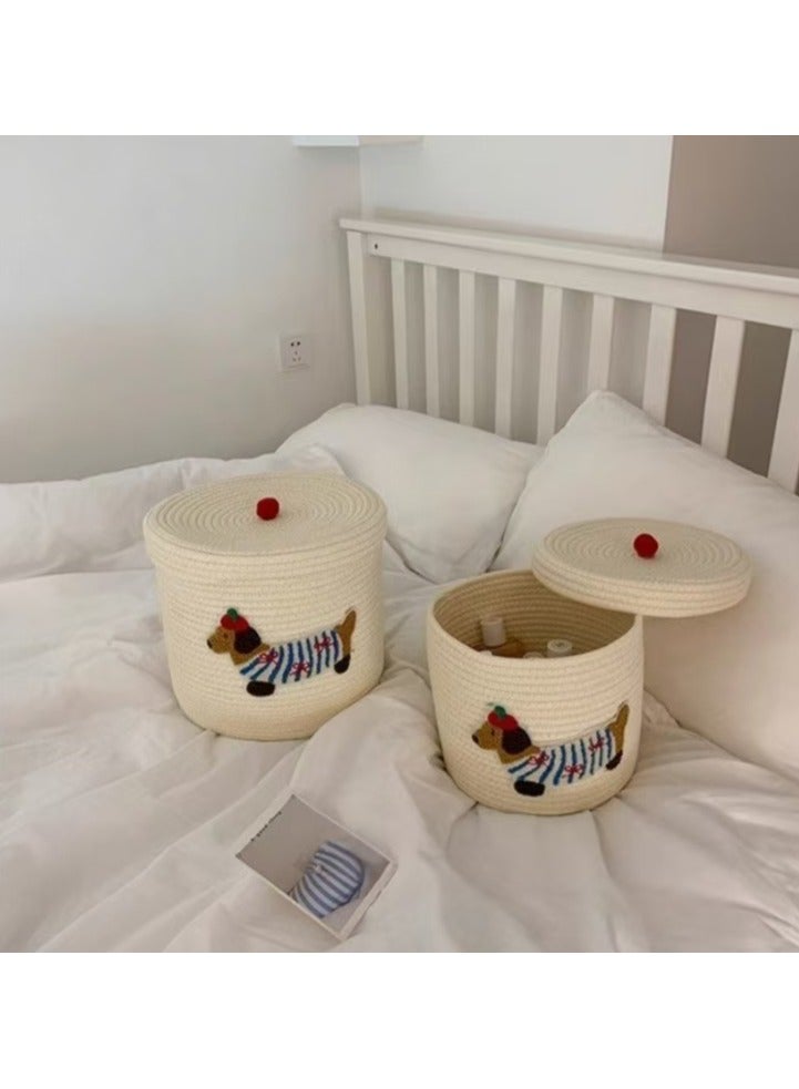 Cotton Rope Basket with Lid, Woven Basket for Storage, Decorative Storage Box, Rectangular Storage Basket with Handle, Storage Basket for Shelf, Cute Puppy Pattern, 40*28cm, White  - Image 4
