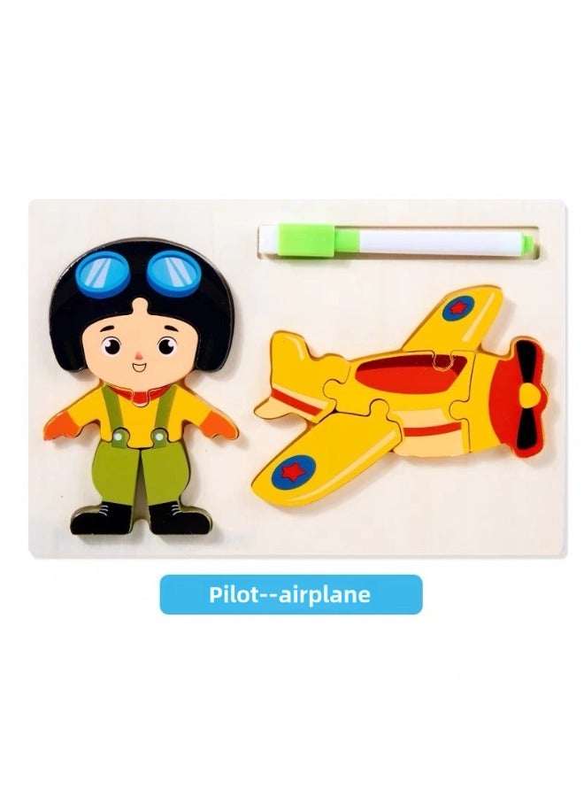 Preschool Children Babies Intelligence Boys and Girls Transportation Vehicles 3D three-diMensional Puzzles Wooden Puzzle Boards Drawing Boards with Pens that can be Handwritten Early Education and Puzzle Toys 3 to 6 Years Old Hand-held Characters Professional Airplane Pilots - Image 1
