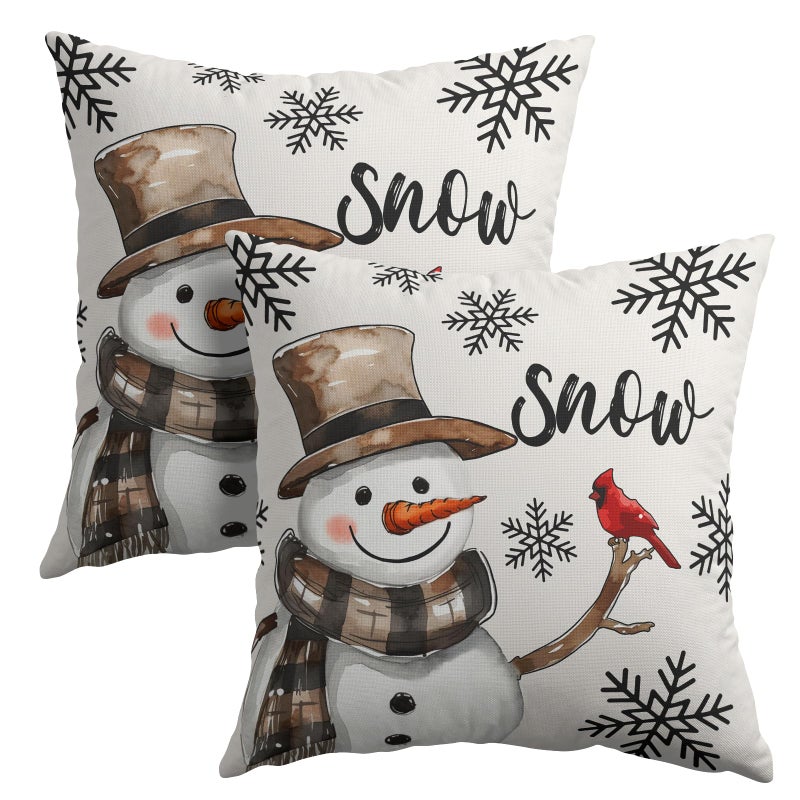 Granbey Snowman Throw Pillow Cover Christmas Pillowcase 18x18 Inch Set of 2 Snowflake and Red Cardinal Bird Decorative Cushion Cover Winter Holiday Pillow Protector for Home Sofa Bedroom Decor - Image 1