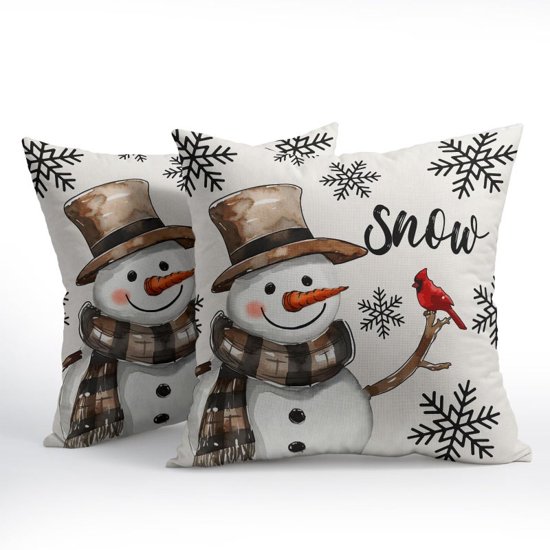 Granbey Snowman Throw Pillow Cover Christmas Pillowcase 18x18 Inch Set of 2 Snowflake and Red Cardinal Bird Decorative Cushion Cover Winter Holiday Pillow Protector for Home Sofa Bedroom Decor - Image 2