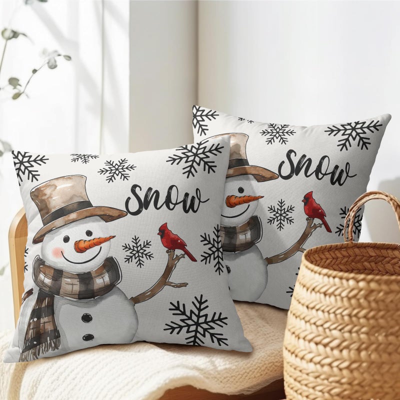 Granbey Snowman Throw Pillow Cover Christmas Pillowcase 18x18 Inch Set of 2 Snowflake and Red Cardinal Bird Decorative Cushion Cover Winter Holiday Pillow Protector for Home Sofa Bedroom Decor - Image 5
