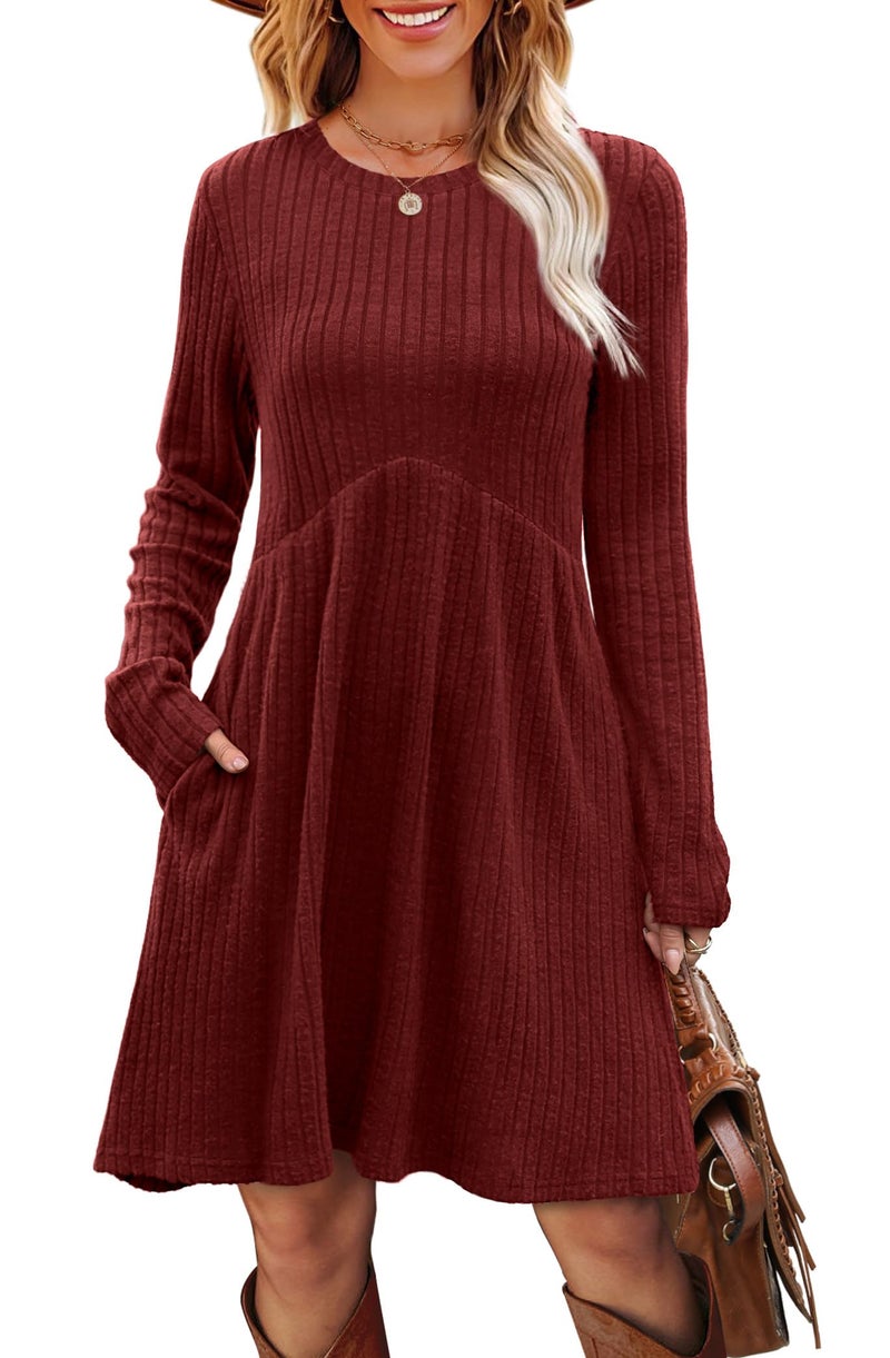 OFEEFAN Long Sleeve Dress for Women Sweater Dress Fall Dresses Fall Sweaters Casual Tunic Winter Christmas Dresses Wine L - Image 3