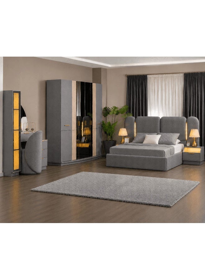 Space Embrace Modern Bedroom Set, Bed Wardrobe, Dressing Table with Mirror, Walnut Veneer - Image 1
