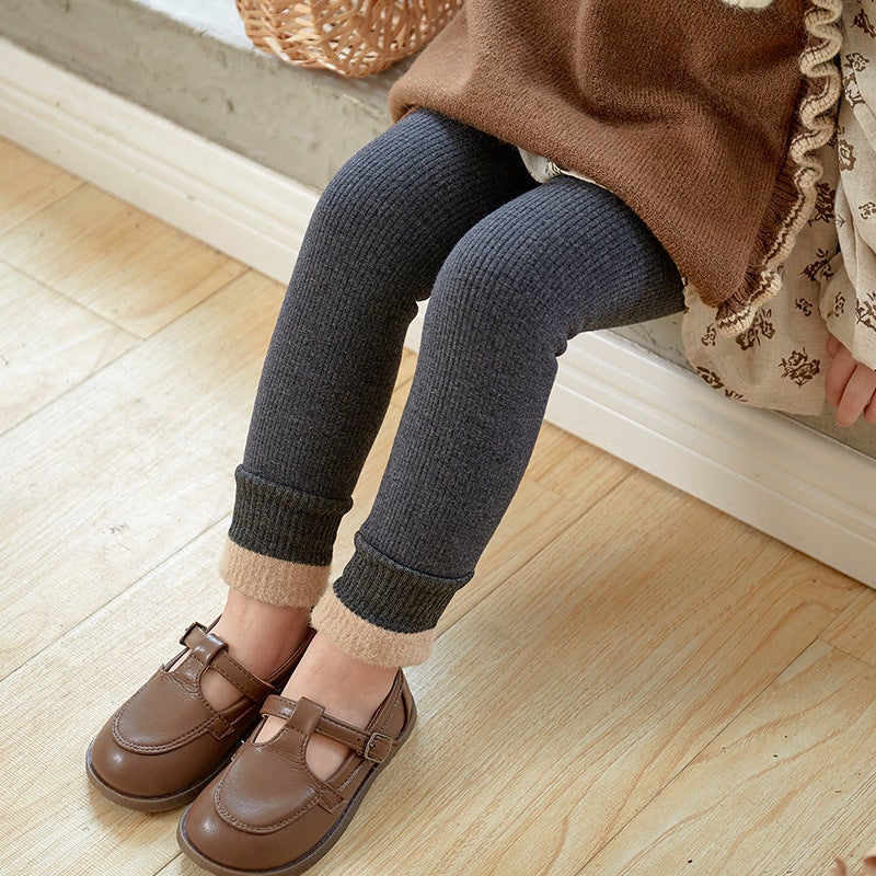 Baby Leggings Vertical Stripe Foot Mouth Mao Lined Fleece Outer Wear Children'S Baby Fall/Winter Big Pp Western Style Girls' Pants - Image 1