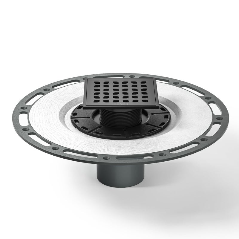 Bernkot Square Shower Drain 4 Matte Black 304 Stainless Steel Drain Grate Removable Drain Key with PVC Bonding Flange Base for Low Profile Floor Tiles CUPC Certified