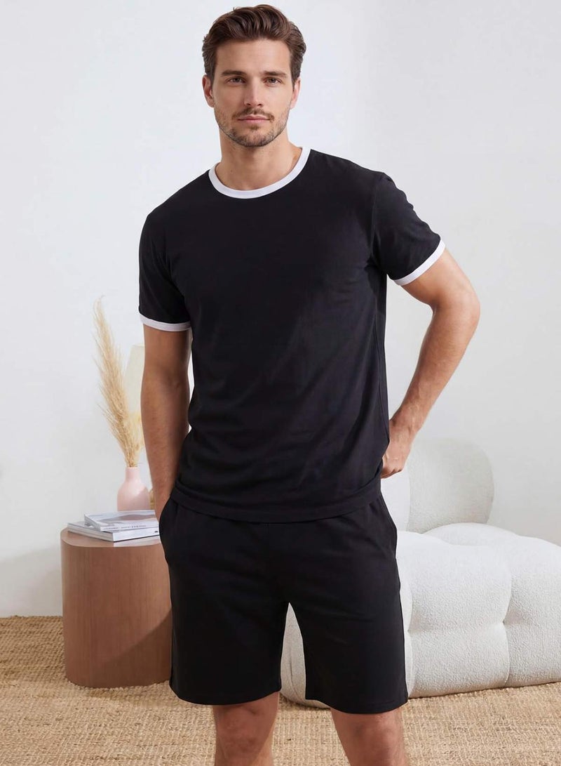 trendyol Black Regular Fit Collar and Sleeve Contrast Detailed Cotton Pajama Set Tmnss26Pt00016 - Image 2