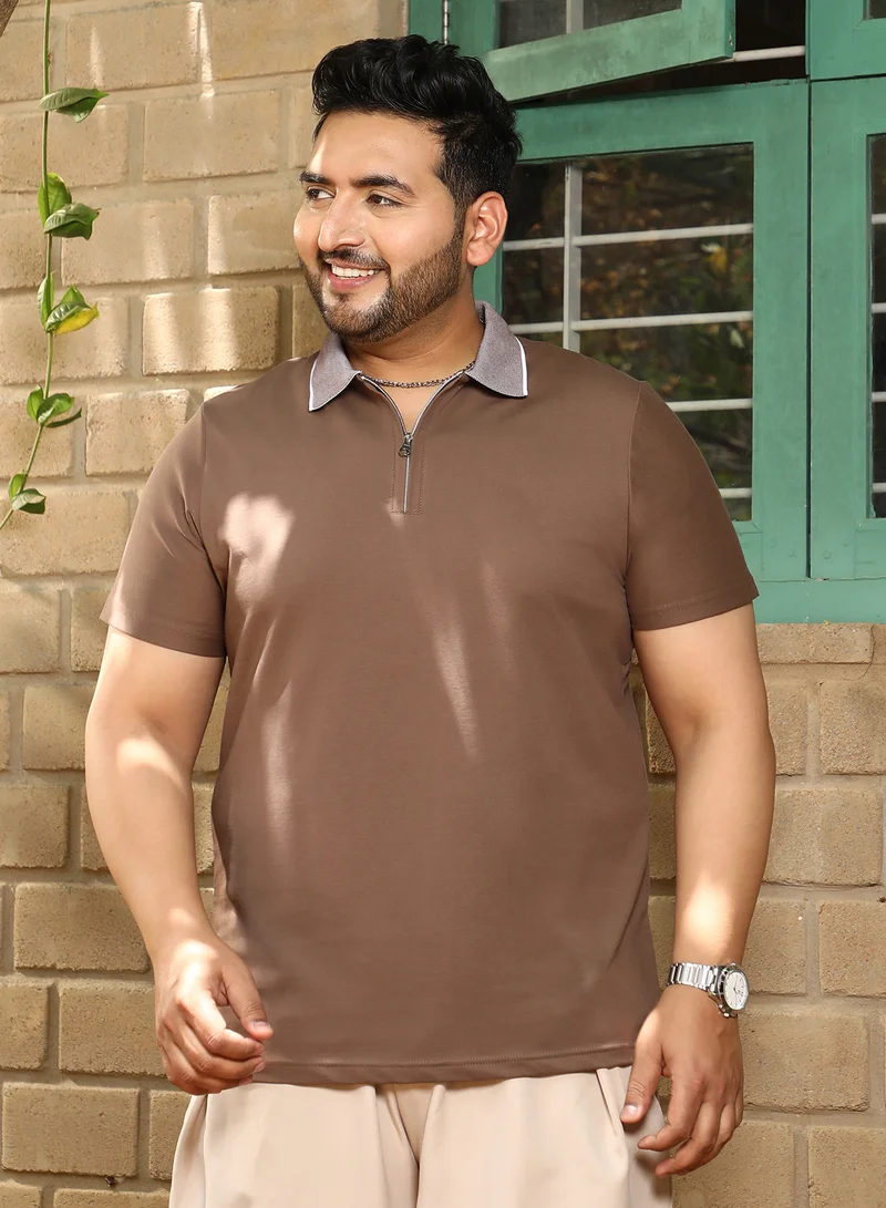 Instafab Plus Instafab Plus Men's Chocolate Brown Solid Polo T-Shirt For Casual Wear | Polo Neck | Short Regular Sleeves | Half-Zip Closure | Plus Size T-Shirt Crafted With Comfort Fit For Everyday Wear