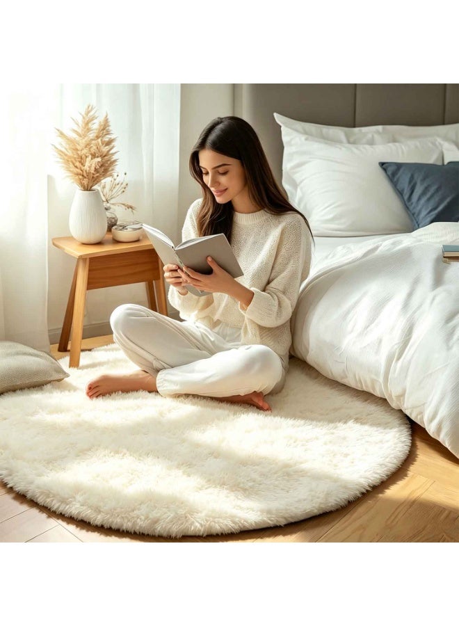 Soft Round Rug,1.2mX1.2m White Rug for Nursery Room, Fluffy Carpet for Kids Room, Shaggy Floor Mat for Living Room, Bedroom,Furry Area Rug for Baby, Teen Room Decor - Image 5