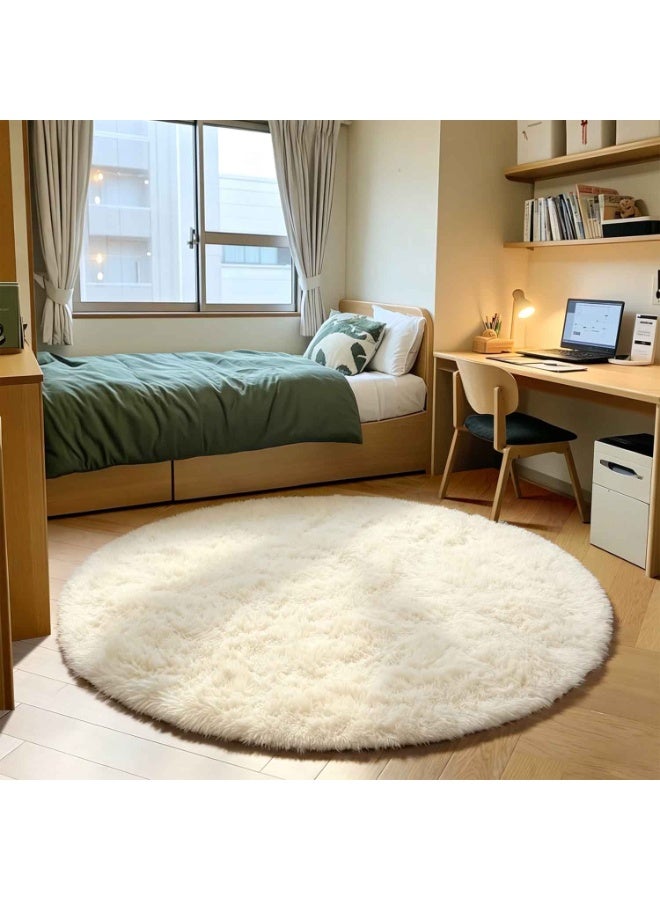 Soft Round Rug,1.2mX1.2m White Rug for Nursery Room, Fluffy Carpet for Kids Room, Shaggy Floor Mat for Living Room, Bedroom,Furry Area Rug for Baby, Teen Room Decor - Image 2