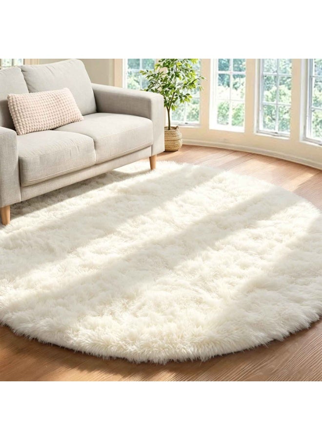 Soft Round Rug,1.2mX1.2m White Rug for Nursery Room, Fluffy Carpet for Kids Room, Shaggy Floor Mat for Living Room, Bedroom,Furry Area Rug for Baby, Teen Room Decor - Image 3