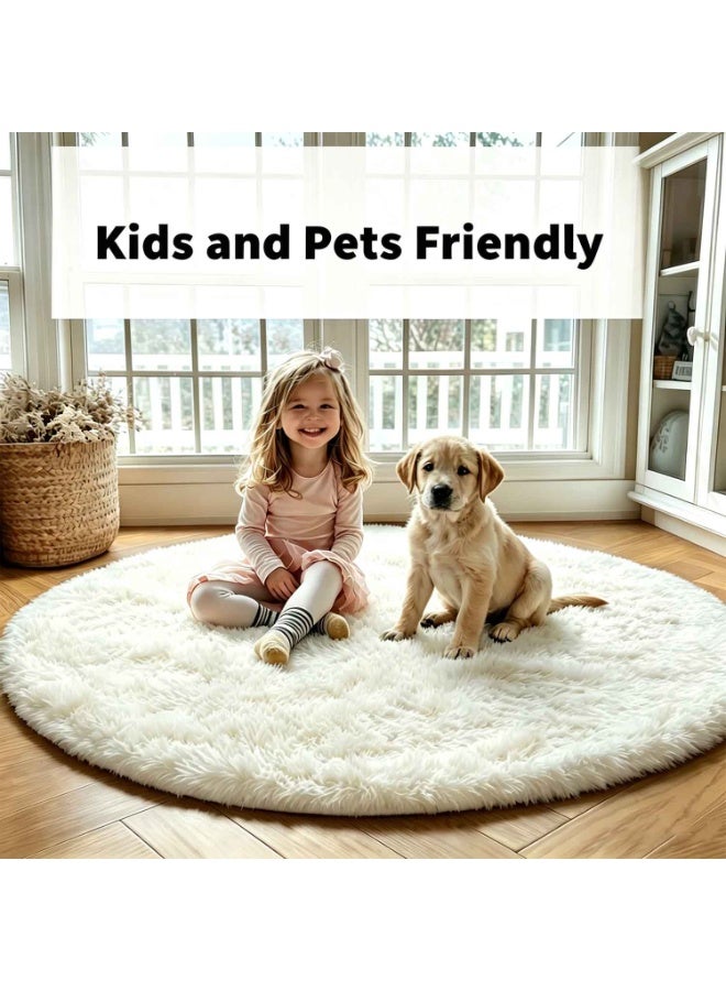 Soft Round Rug,1.2mX1.2m White Rug for Nursery Room, Fluffy Carpet for Kids Room, Shaggy Floor Mat for Living Room, Bedroom,Furry Area Rug for Baby, Teen Room Decor - Image 4