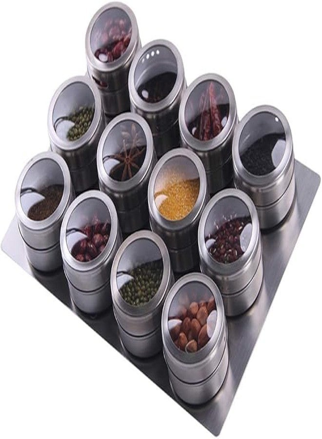 VEDHAK 12-Piece Magnetic Spice Jar Set Kitchen Essentials Seasoning Organizer Durable Spice Tins with Sift-Pour Lids & Clear Viewing Window Or Adjustable Metal Stand for Refrigerator & Cabinet Organization. - Image 1