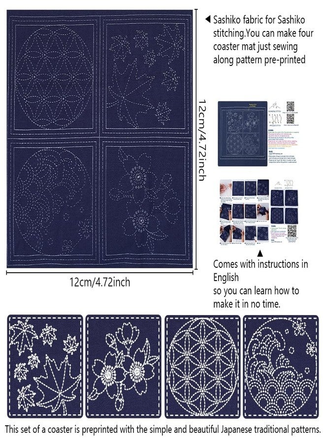 FREEBLOSS 4 Set Sashiko Coasters DIY Kit with Instructions Pre- Printed Sashiko Kit for Beginners Sashiko Practice Project Cherry Blossoms and Waves Embroidery Kit Sashiko Cloth Coaster - Image 3