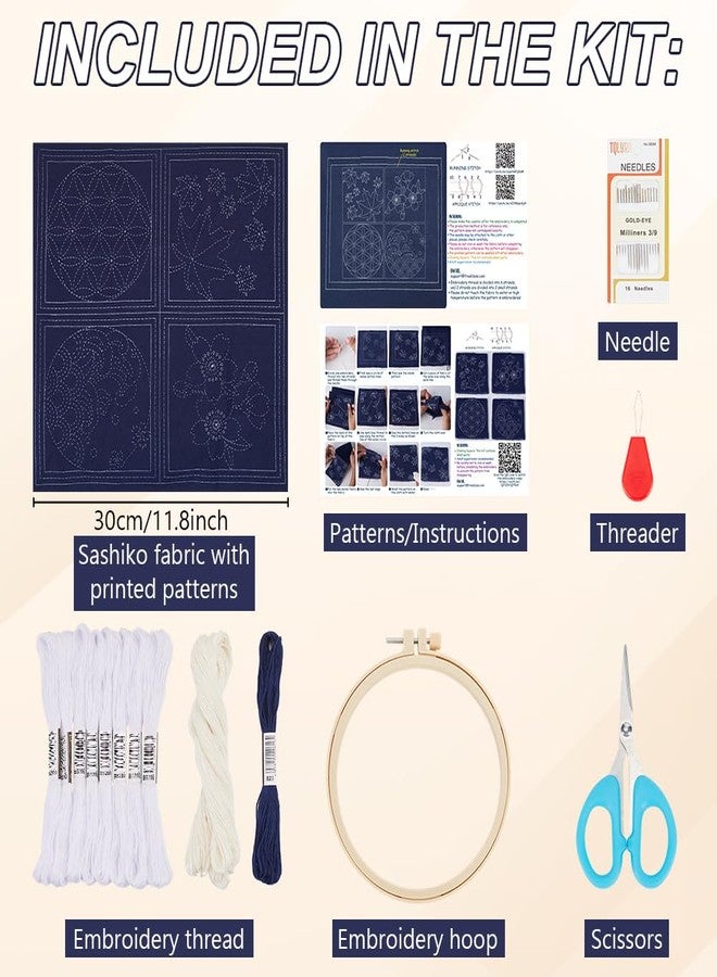 FREEBLOSS 4 Set Sashiko Coasters DIY Kit with Instructions Pre- Printed Sashiko Kit for Beginners Sashiko Practice Project Cherry Blossoms and Waves Embroidery Kit Sashiko Cloth Coaster - Image 2