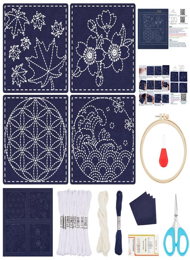 FREEBLOSS 4 Set Sashiko Coasters DIY Kit with Instructions Pre- Printed Sashiko Kit for Beginners Sashiko Practice Project Cherry Blossoms and Waves Embroidery Kit Sashiko Cloth Coaster - Image 1