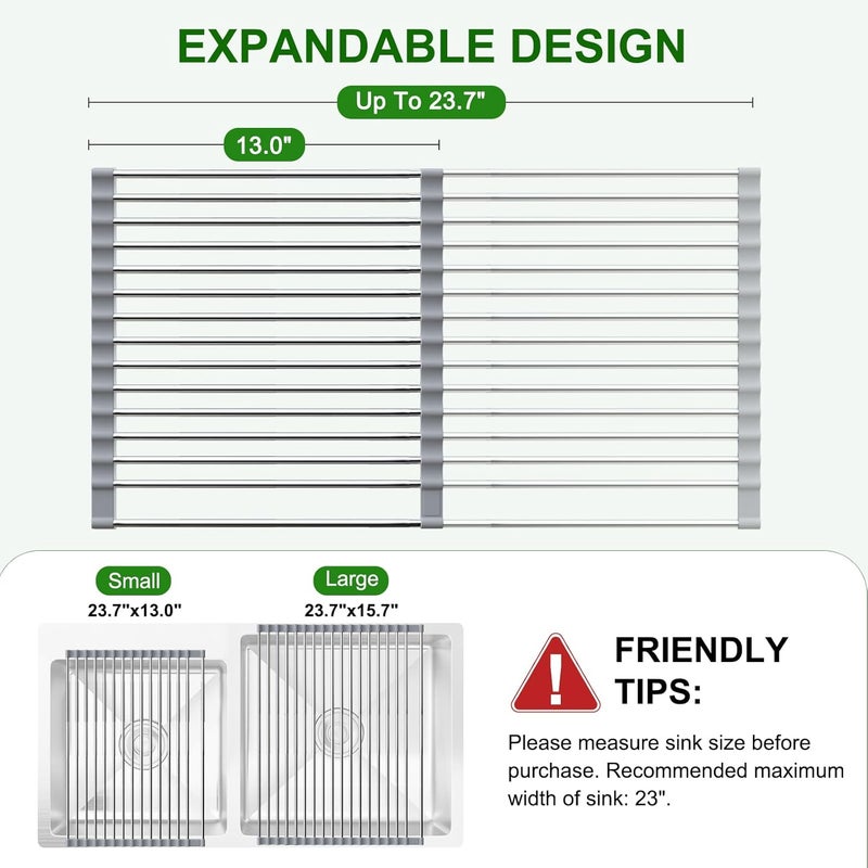 Sindax Expandable Dish Drying Rack Up to 23.7", Extra Large Roll Up Over The Sink Dish Drying Rack for Kitchen Sink, Thickened 304 Stainless Steel for Extra Strength, for Cups Fruits Vegetables - Image 4