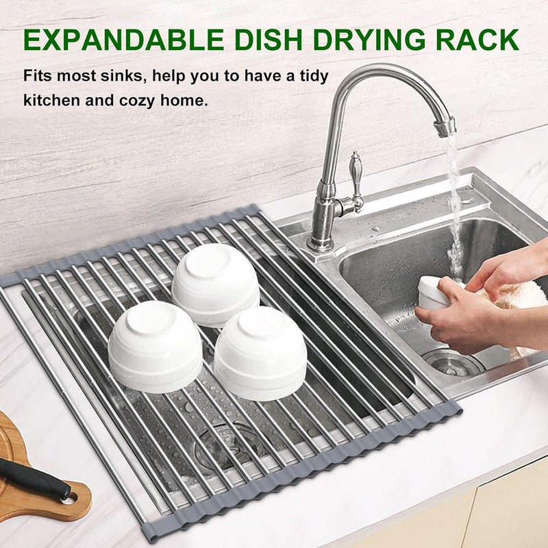 Sindax Expandable Dish Drying Rack Up to 23.7", Extra Large Roll Up Over The Sink Dish Drying Rack for Kitchen Sink, Thickened 304 Stainless Steel for Extra Strength, for Cups Fruits Vegetables - Image 2