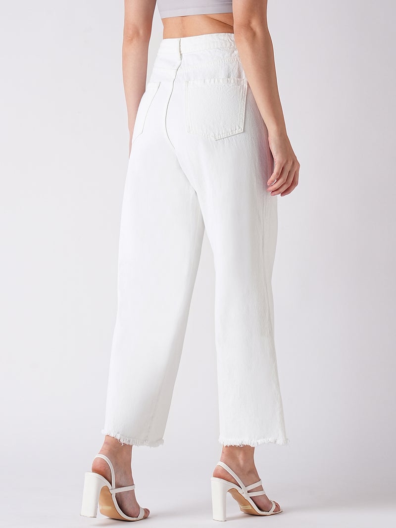 globus Globus Women White Wide Leg Mid-Rise Light Shade Clean Look Pure Cotton Frayed Jeans  - Image 3