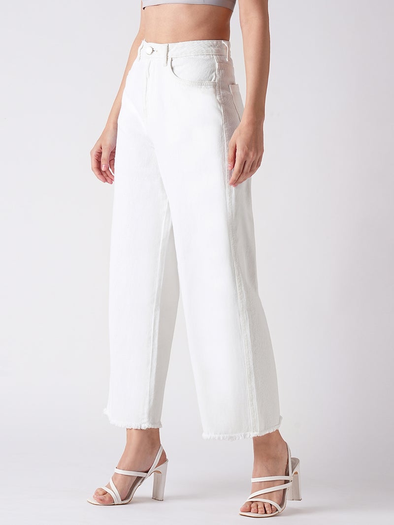 globus Globus Women White Wide Leg Mid-Rise Light Shade Clean Look Pure Cotton Frayed Jeans  - Image 2