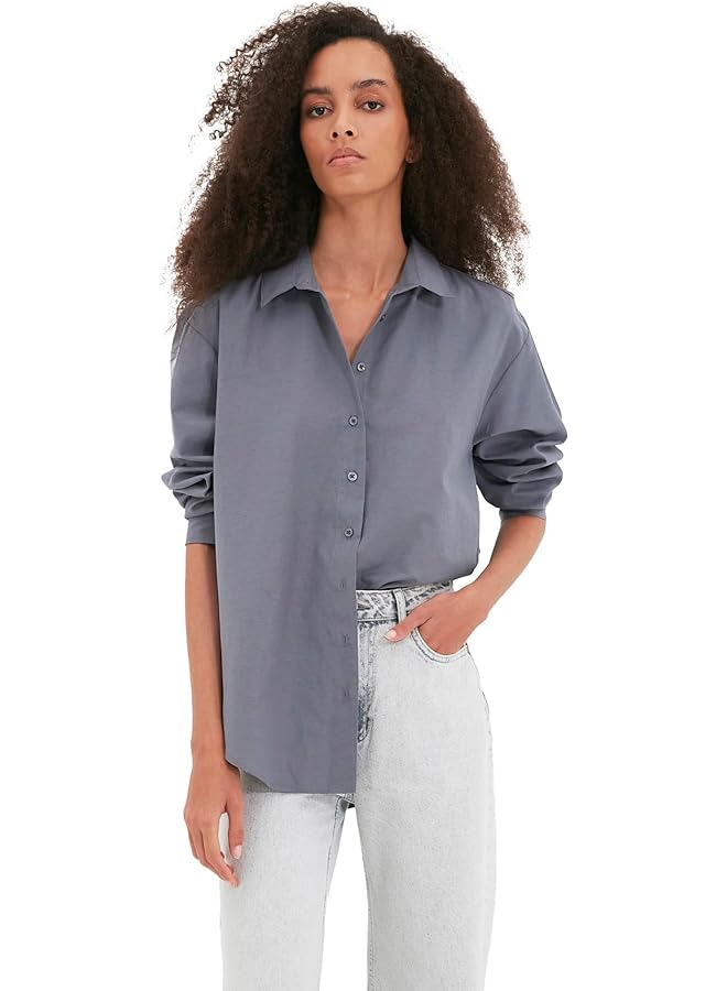 ترينديول قميص نسائي فضفاض باللون الفحمي - Image 1