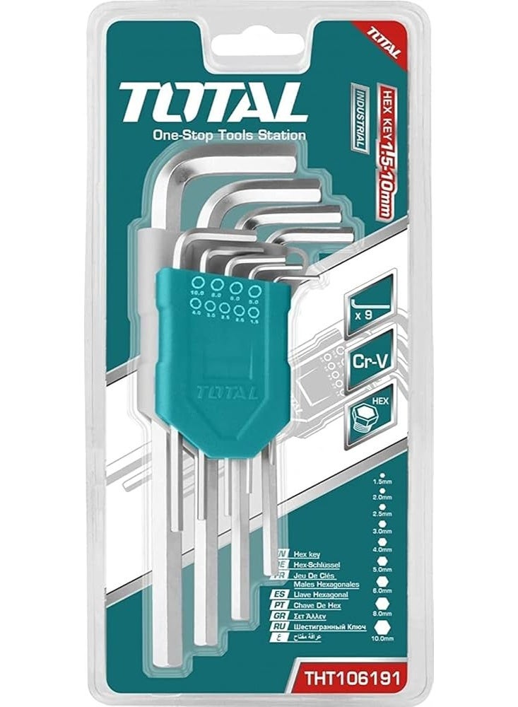 TOTAL Short Hex Key Set – 9-Piece 1.5–10 mm Allen Wrenches for DIY, Furniture Assembly, Mechanical & Workshop Use