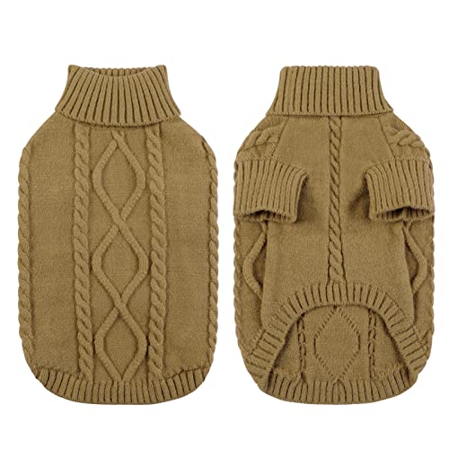 Queenmore Small Dog Pullover Sweater, Cold Weather Cable Knitwear, Classic Turtleneck Thick Warm Clothes for Chihuahua, Bulldog, Dachshund, Pug (Light Brown, Small) - Image 3