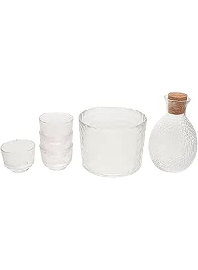 Hammered Glass Sake Set 6pcs with Carafe and Cups Vintage Drinkware for Cold Sake - Image 1