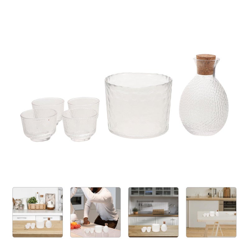 Hammered Glass Sake Set 6pcs with Carafe and Cups Vintage Drinkware for Cold Sake - Image 3