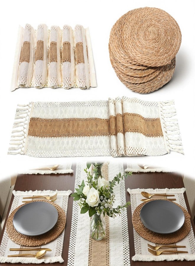 SHENLIU Handmade Boho Placemats Set of 6, Natural Cotton Burlap Placemat with Round Straw Woven Table Mats and Burlap Table Runner Macrame Décor Farmhouse Style Placemats for Dining Tables Kitchen - Image 1