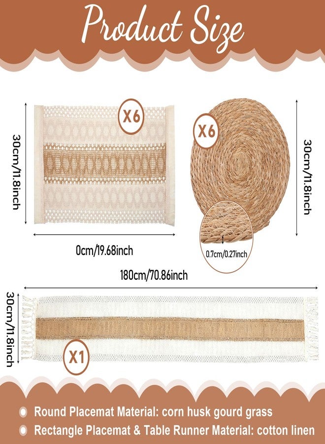 SHENLIU Handmade Boho Placemats Set of 6, Natural Cotton Burlap Placemat with Round Straw Woven Table Mats and Burlap Table Runner Macrame Décor Farmhouse Style Placemats for Dining Tables Kitchen - Image 2