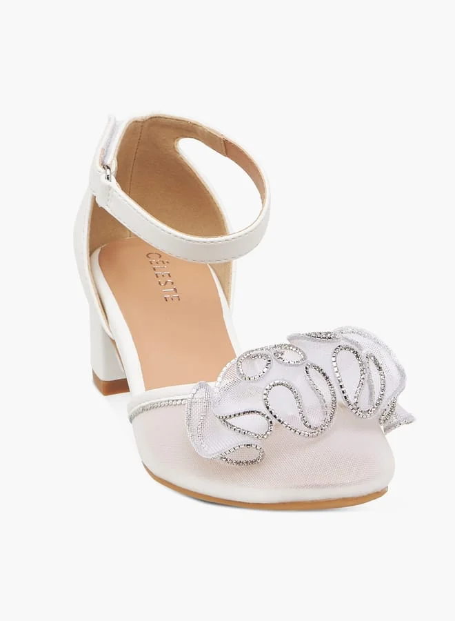 Celeste Girl's Embellished Block Heeled Sandals with Hook and Loop Closure
