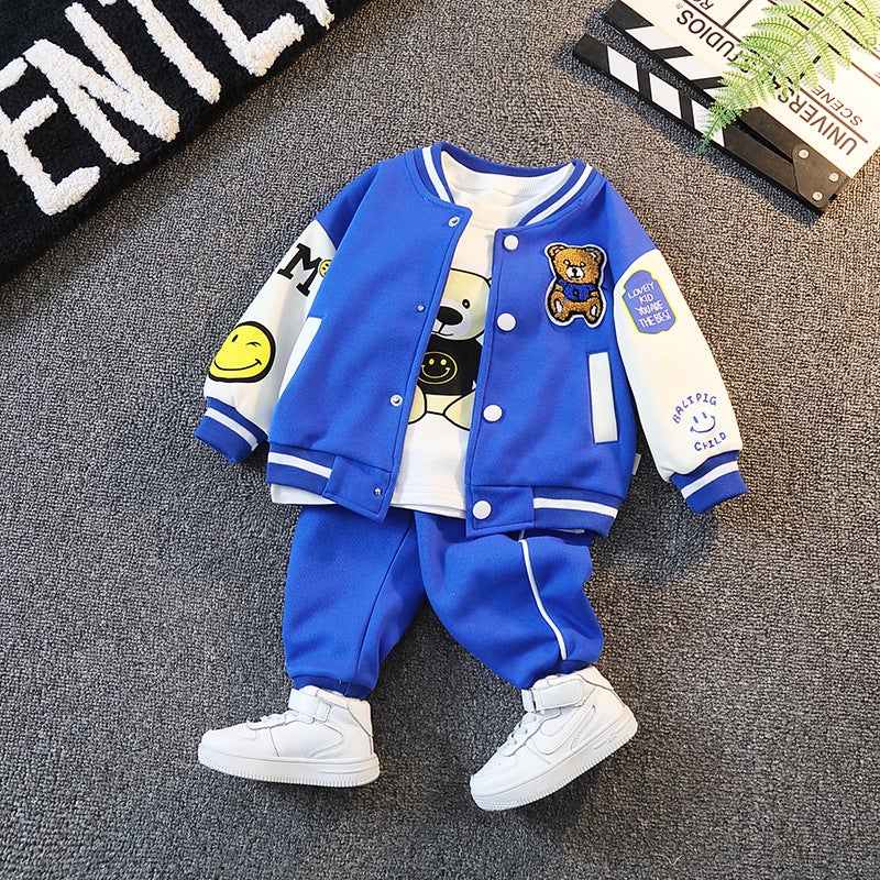 Boys Trendy Casual Baseball Suit Set Spring 2024 Kids Blue embroidered towel baseball suit three-piece set