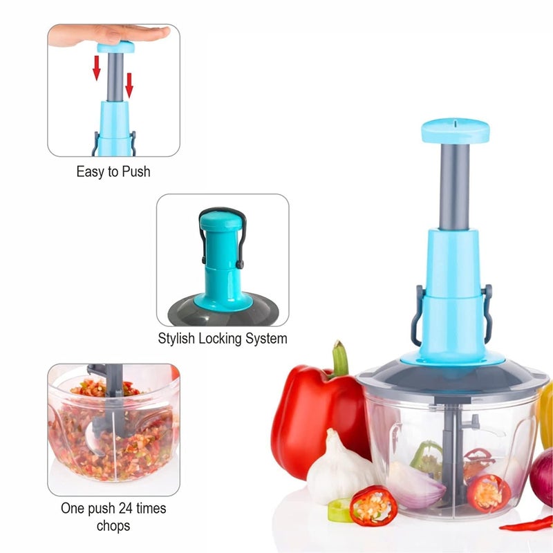 HARSHLOVE Hand Press Fruits and Vegetable Push Chopper 900ml for Kitchen 4 Sharp Stainless Steel Blades Unbreakable FoodGrade Plastic AntiSlip Base Made in India - Image 3