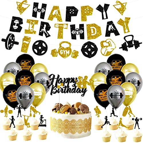 KEFAN Gym Birthday Party Decorations Black and Gold Fitness Themed Party Supplies with Latex Balloons Fitness Cake Topper Glitter Gym Happy Birthday Banner - Image 1