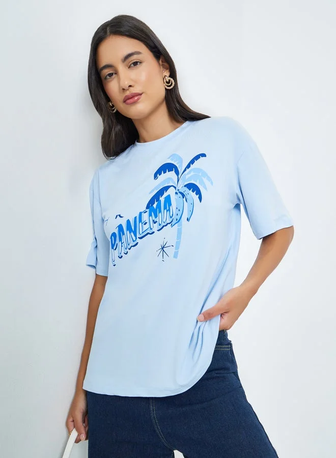 Styli Blue Graphic Print Oversized T-Shirt