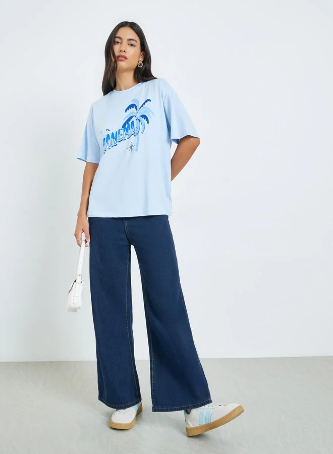 Styli Blue Graphic Print Oversized T-Shirt