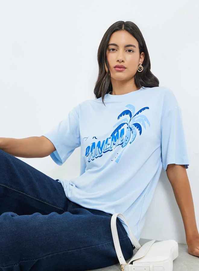 Styli Blue Graphic Print Oversized T-Shirt