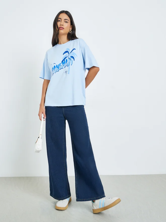 Styli Blue Graphic Print Oversized T-Shirt