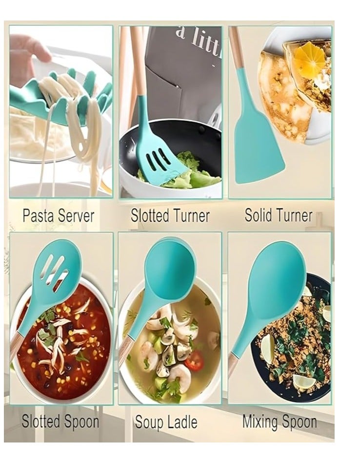 19-Piece Premium Kitchen Set - Silicone Cooking Utensils & Stainless Steel Knives with Storage Block (Teal)  - Image 5