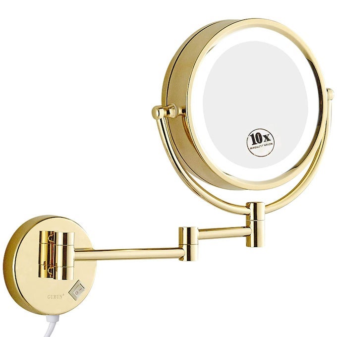 85 INCH MAGNIFYING MAKEUP MIRROR WITH 3 TONES LED LIGHTS DOUBLE SIDED VANITY MIRROR FOR BATHROOM WITH 10X MAGNIFICATION M1809DJ GOLD 10X