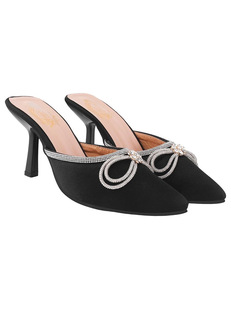 Shoetopia Women's Black Elegant Ivory Satin Mule Heels with Crystal Bow – Pointed Toe Slip-On Dress Rhinestone for Party or Evening Events EU41 - Image 1