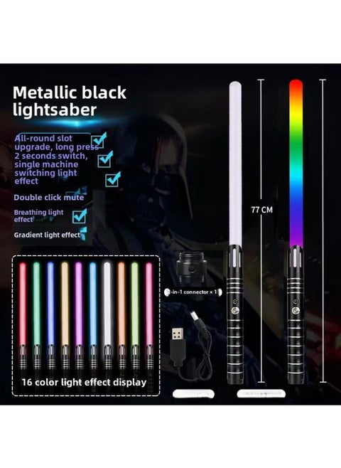 Star Wars Laser Sword Luminous Toy Metal Lightsaber Charging Color Changing Flash Toy Sword Wholesale-Color:3 Generation-Black 2 Pack/send Connector-Specifications:10-color Light Effect + Automatic Color Change On Startup + Mute