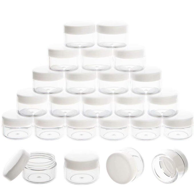 5 GRAM SAMPLE CONTAINERS WITH LIDS MINI MAKEUP CONTAINERS EMPTY PLASTIC TRAVEL COSMETIC CONTAINERS WITH LABELS100 COUNT WHITE LID