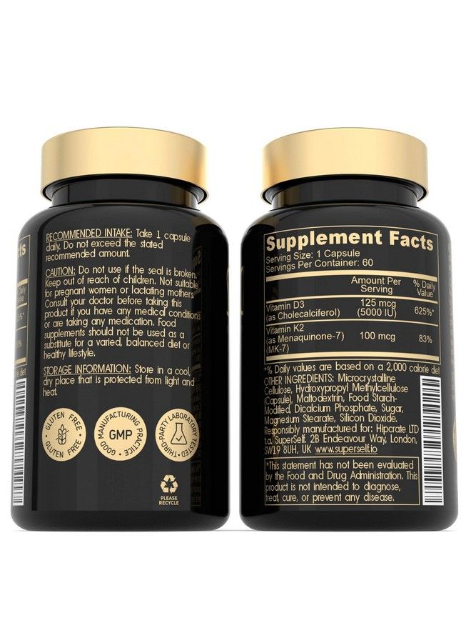Vitamin D3 K2 Capsules Vitamin D3 5000 Iu And Vitamin K Mk7 100Mcg 60 Capsules Usa Made Vegetarian Vitamin D Supplement High Strength Vit D For Bones Muscle Teeth Immune System