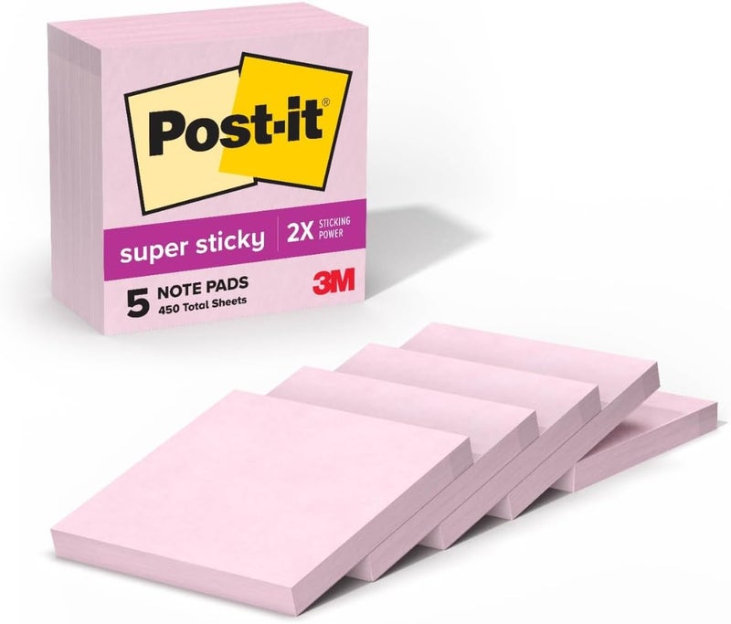 Post It Super Sticky Notes, 5 Sticky Note Pads, 3 x 3 in., School Supplies, Office Products, Sticky Notes for Vertical Surfaces, Monitors, Walls and Windows, Pink Salt - Image 1